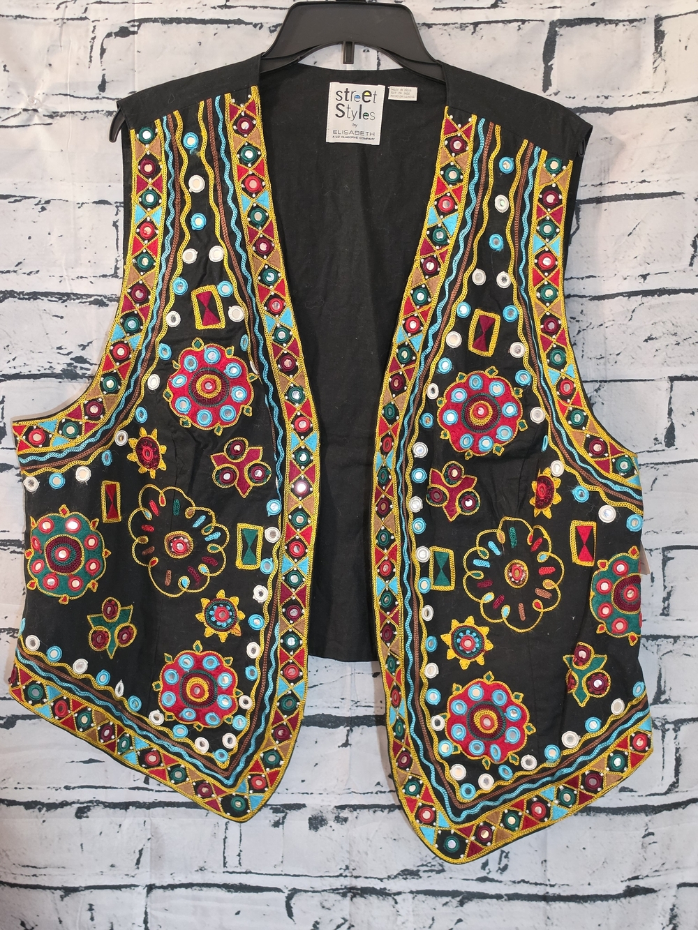 Liz Claiborne Black Embroidered Multicolor Boho Vest